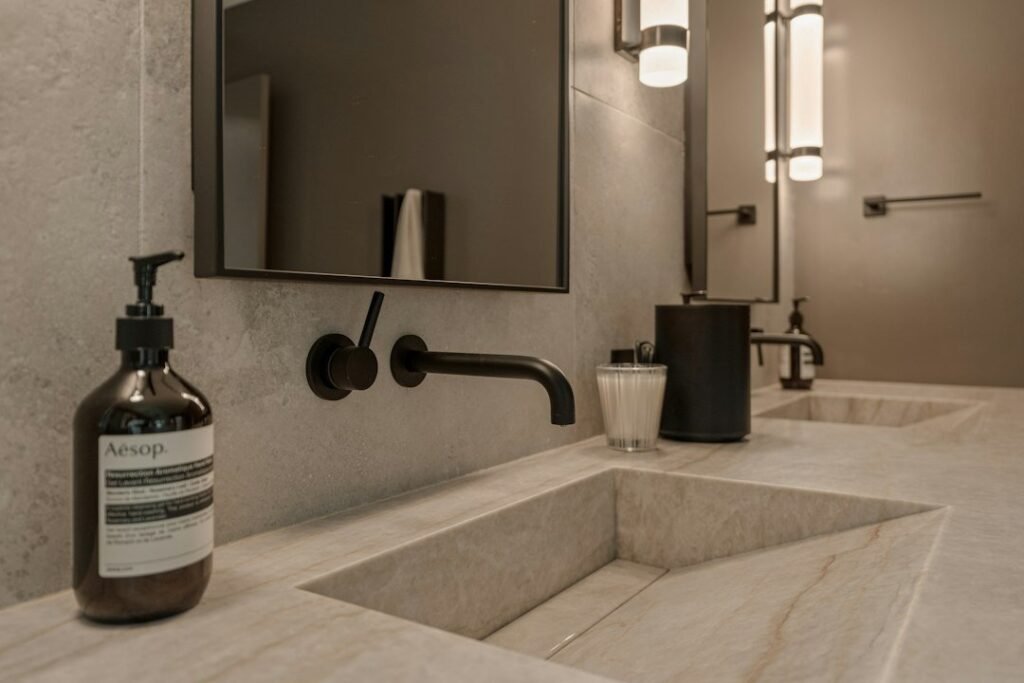 Modern bathroom vanity and basin illustrating plumbing and bathroom work